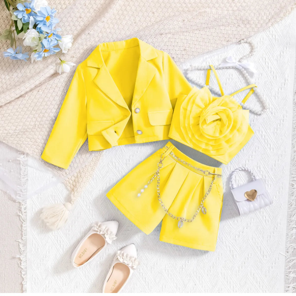3-Piece Flower Accent Suit Set with Purse – Yellow, Pink, Blue (4-7 Years)